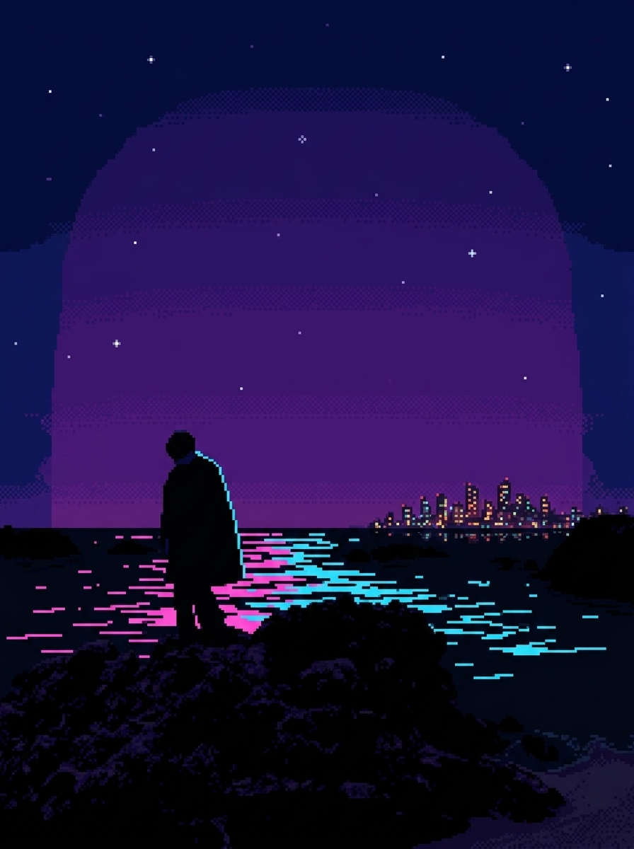 Yuxuan Cai — a figure on the rocks at night, the city glowing on the horizon